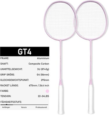 Набір для бадмінтону OGEENIER: 2 ракетки, обмотка, 2 волани, 1 ракетка з сумкою (білий, рожевий, 3 1/4 дюйма)