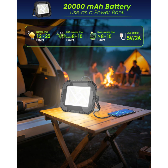 LED прожектор на акумуляторі CLV 200W, 20000mAh, IP66, вологостійкий, 4 режими, 2 рівні яскравості, USB, сонячна панель, для кемпінгу, будівництва, аварійне освітлення (чорний)