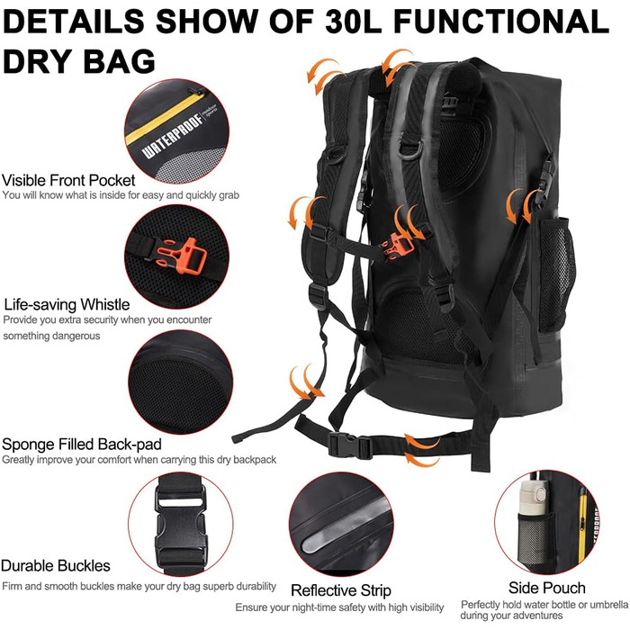 Водонепроникний мішок Blueshyhall Dry Bag 30L: рюкзак, ролтоп, 30 літрів - для каякінгу, кемпінгу, риболовлі, подорожей