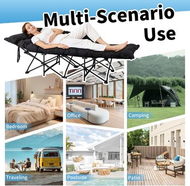 Лежанка туристична складна LEADZM з матрацом, 190x71x36 см, сталевий каркас, чорна
