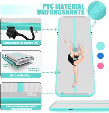 Надувний гімнастичний мат для дому, 300x100x10 см (м'ятно-зелений)