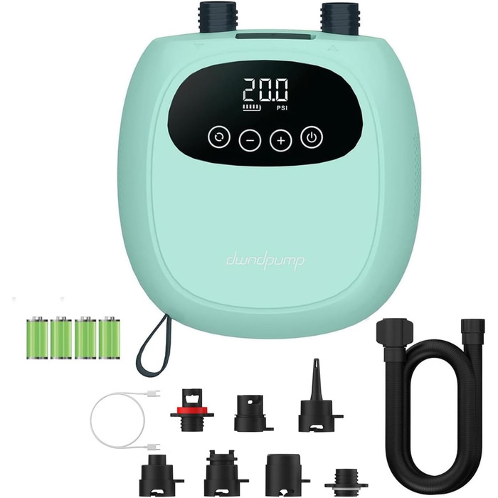 Електричний насос для SUP дошки DWNDPUMP 20PSI з акумулятором, для каяків та SUP, з 7 насадками, зелений