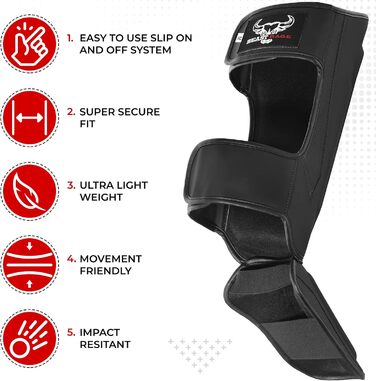 Шкіряні щитки для ніг Beast Rage для кікбоксингу, муай-тай, ММА, боксу, карате, тхеквондо та БЖЖ, з захистом зап'ястя, чорного кольору
