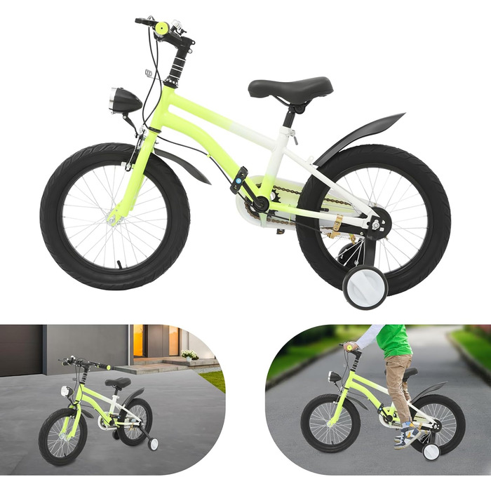 Дитячий велосипед 16 дюймів для хлопчиків та дівчаток, сталевий, 5-8 років, з додатковими колесами та регулюванням висоти (Жовтий+LED-лампа)