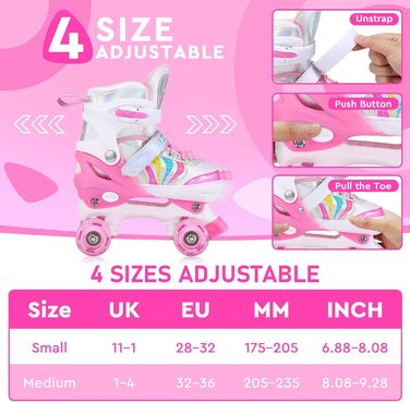 Дитячі ролики для катання на роликах, регульовані ролики Quad, розмір 4, регульовані та підсвічені ролики, ролики для дівчаток та хлопчиків. Розмір M (EU 32-36)