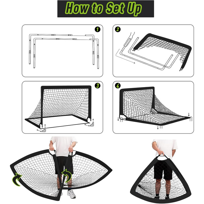 Ворота для футболу Miaoke 2 шт. для дітей, Outdoor, з сумкою та м'ячем, 10 конусів, 1.2 x 0.9 м – чорний, Oxford-Tkanina