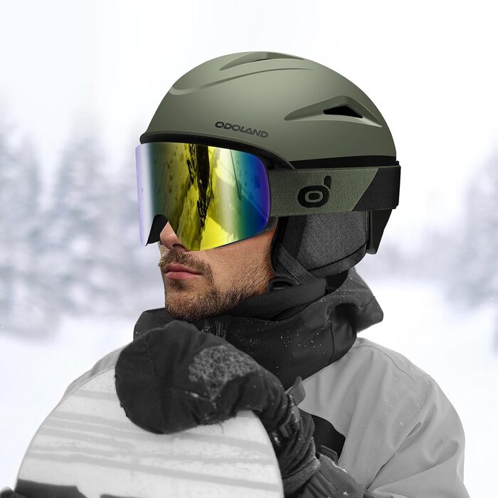 Шолом для сноуборду та гірських лиж Odoland з маскою, захист від УФ-променів, вітрозахист, розмір M (57-59 см), оливковий