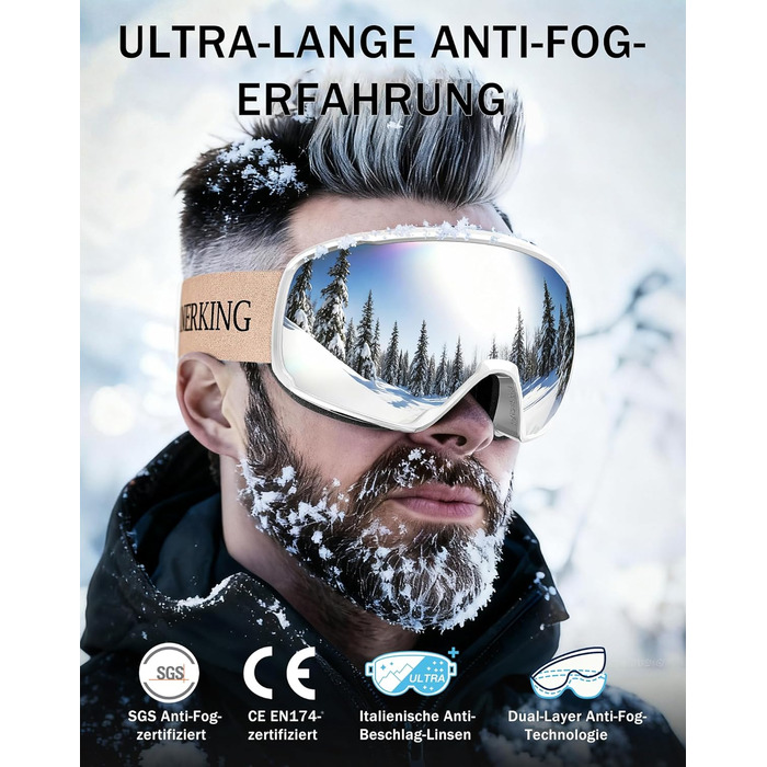 Окуляри для сноуборду та гірськолижного спорту Innerking OTG, захист від запотівання & UV400, для носіння поверх корекційних окулярів, подвійне скло, чорний/срібний (VLT 11%) (A2-White/Silver (VLT 10%))