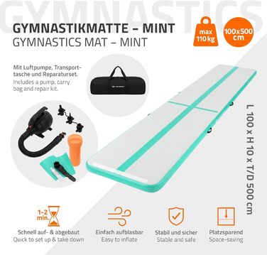 Гімнастичний мат Airtrack ECD Germany для тумблінгу та фітнесу, надувний мат для гімнастики 500x100x10 см, м'ятно-зелений, з електричним насосом та сумкою