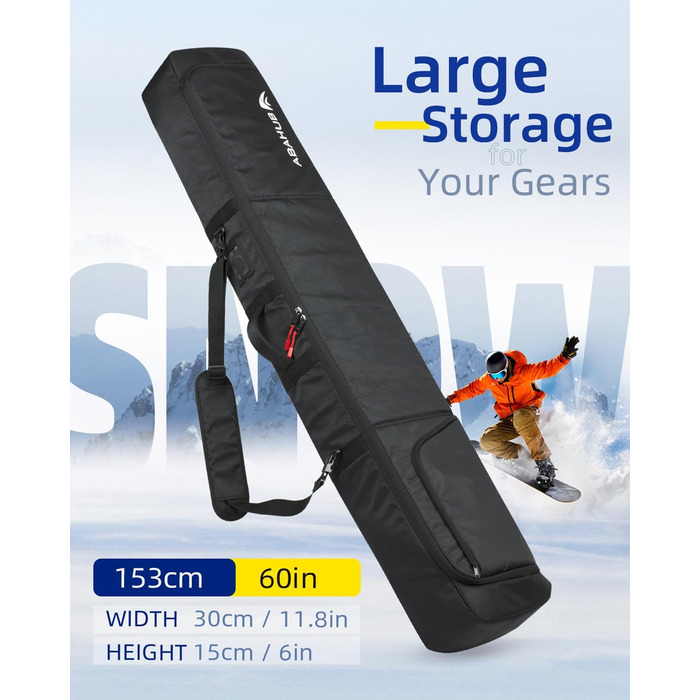 Чохол для сноуборду Abahub: водонепроникний, з підкладкою, для аксесуарів, для перельотів (153 см, чорний)