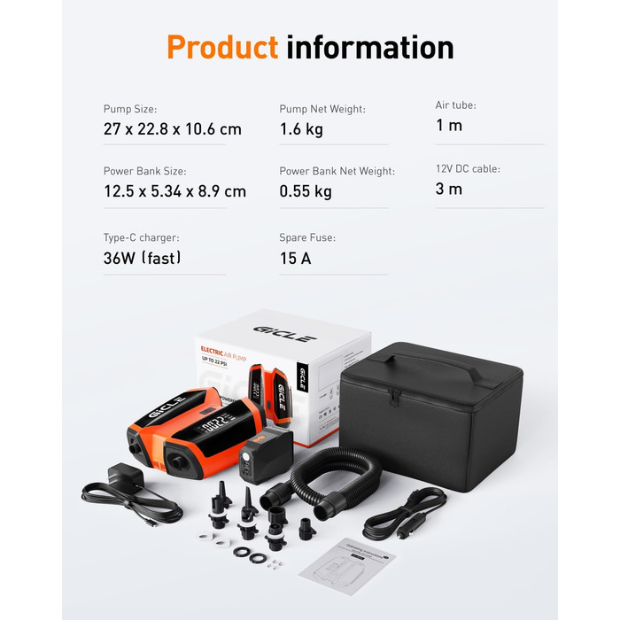 GICLE Електрична SUP-насос з акумулятором та портативним павербанком, 22 PSI, для SUP, човнів, наметів, каяків, перезаряджається (EU стандарт)