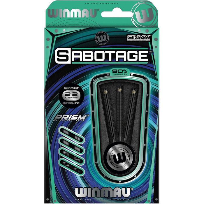 Дротики WINMAU Sabotage Onyx 22-26г, професійні, вольфрамові, з сталевим наконечником, комплект з оперенням та стрижнями