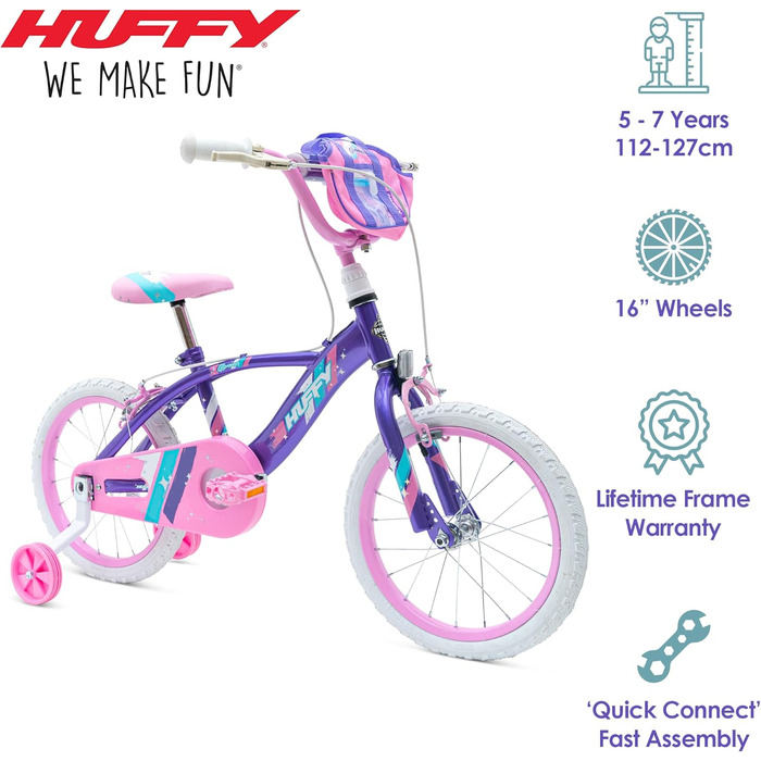 Дитячий велосипед Huffy Glimmer 16 дюймів, фіолетово-рожевий, для дівчаток 5-6 років, легкий, з додатковими колесами