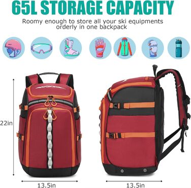 Сумка для лижних черевиків з відділенням для шолома, 65L, нейлон, рюкзак для лиж, роликів, ковзанів (червоний)