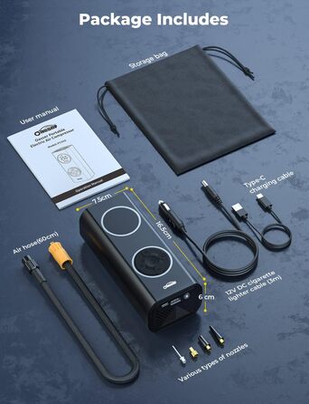 Електричний повітряний компресор Oasser 12В 150PSI, акумулятор 6000 мА·год, USB Type-C, LCD-дисплей, для авто, мотоциклів, велосипедів, м'ячів