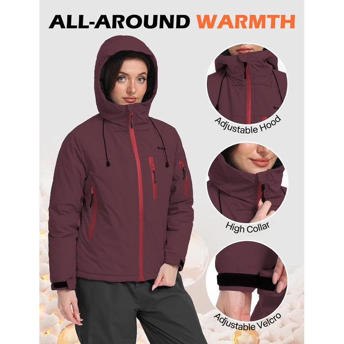 Жіноча лижна куртка GEMYSE з інтегрованими захисними ременями. Тепла водонепроникна вітронепроникна куртка-сніговик для активного відпочинку (XL, Темно-червоний)