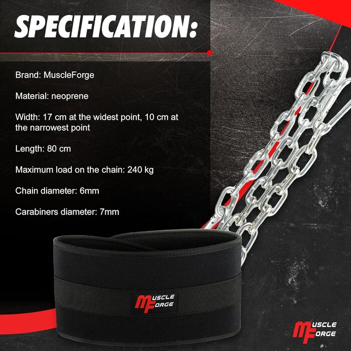 Пояс для вправ з ланцюгом 80см, сталевий ланцюг для підтягувань та віджимань на брусах | Міцний вантажний пояс для тренажерного залу та силових тренувань | Тренувальний пояс з вагою до 240кг, для додаткової ваги для чоловіків та жінок