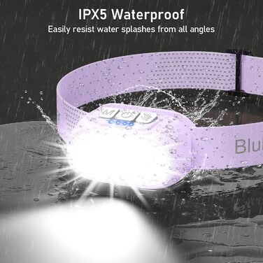 Кепка-ліхтар Blukar LED з 2 режимами кольору, перезарядна, 2000L, регульована яскравість, червоне світло, датчик, 12 режимів, водонепроникна, 30+ годин роботи для надзвичайних ситуацій/кемпінгу/бігу (світло-фіолетовий)