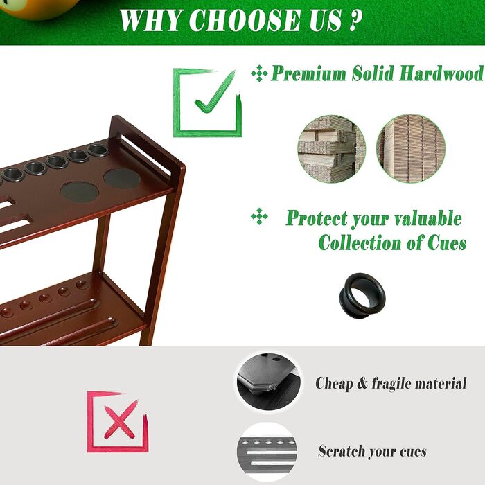Стійка для більярду GACCO BILLIARDS на 8 київ та аксесуари, кутова, з тримачем для куль, з масивного дерева, магоні, 2-в-1