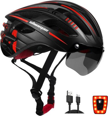 Велошолом KINGLEAD для жінок і чоловіків, MTB, з магнітними окулярами, USB-ліхтарем, регульований, зі світловідбивачами, 57-62 см, червоний