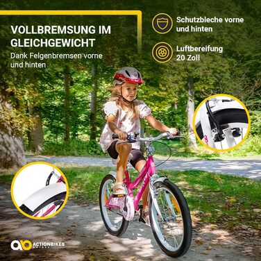 Детский велосипед Actionbikes Butterfly, 20 дюймов, V-Brake тормоза, защита от грязи спереди и сзади, для девочек 6-9 лет, белый/розовый
