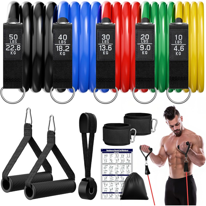 Набір еластичних стрічок для фітнесу Fokky Fitnessbänder Resistance Bands Set, 5 стрічок різної міцності, з анкерами для дверей, ручками та кігтями, для пілатесу, силових тренувань, чорний, червоний, синій, зелений, жовтий