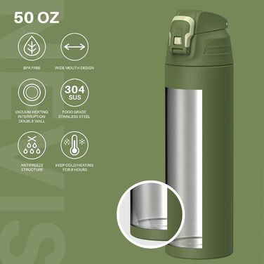 Термофляга SANTECO 1.5л з нековзним замком, нержавіюча сталь, BPA-Free, з чохлом для подорожей та кемпінгу, зелений мох