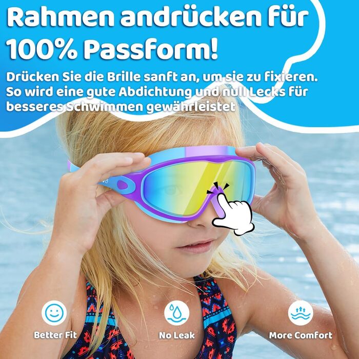 Дитячі окуляри для плавання Vvinca з носовими затискачами, широким кутом огляду, захистом від запотівання та УФ-фільтром, водонепроникні, для дітей 3-14 років (хлопчики та дівчатка)