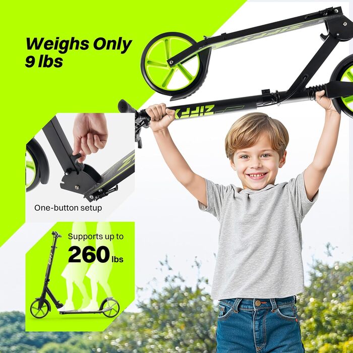 Тролетер ZIFFY для дітей та дорослих, 6-12 років, чорно-зелено-фіолетовий, колеса 200 мм, підшипники ABEC-9, амортизація, складний алюмінієвий каркас, регульований кермо 79-106 см, ручне гальмо, вантажопідйомність до 118 кг