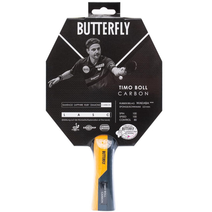 Ракетка для настільного тенісу Butterfly Timo Boll Carbon з сертифікованим покриттям Wakaba (2.0 мм), професійна серія ITTF