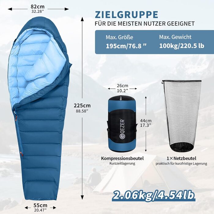 Спальник з гусячого пуху 650 fill power, сертифікат RDS. Температурний режим: +8°C до -30°C. Чорний (-10°C), Синій (-10°C). Ідеально для кемпінгу та альпінізму.