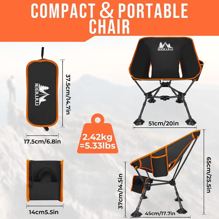 Складний туристичний стілець JONRRYIN з двома кишенями та регулюванням висоти для відпочинку на природі, пікніків та пляжу (чорний/помаранчевий)