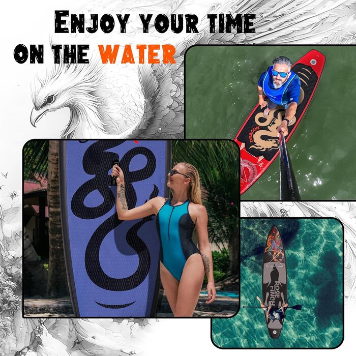 Надувний SUP-борд FEATH-R-LITE для дорослих: комплект з насосом, рюкзаком, лійкою та регульованим веслом (PHÖNIX-Grey)