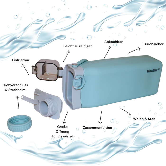 Складана пляшка для води Mauzer® з трубочкою - 600 мл, без BPA, синій. Ідеально для дітей, спорту, подорожей, кемпінгу та фестивалів.