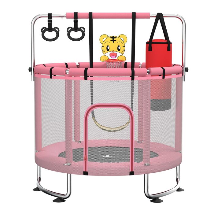 Дитячий батут з сіткою безпеки, регульованою перекладиною та гойдалкою, для хлопчиків та дівчаток 3-6 років (Рожевий)