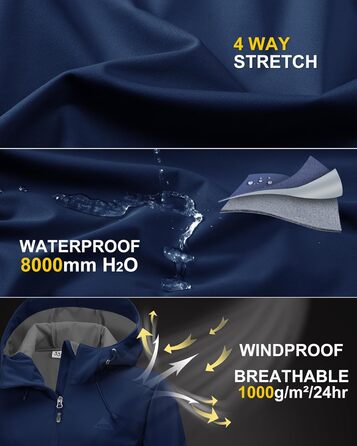 Жіноча куртка Softshell 33,000ft водонепроникна та вітрозахисна, дихаюча функціональна куртка з капюшоном для бігу, їзди на велосипеді та походів, темно-синя, розмір 38