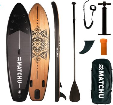 Надувний SUP-борд Matchu – комплект для станд-ап паділінгу, до 150 кг, 320x81x15 см, антиковзаюча поверхня, дерево/мандала, чорний