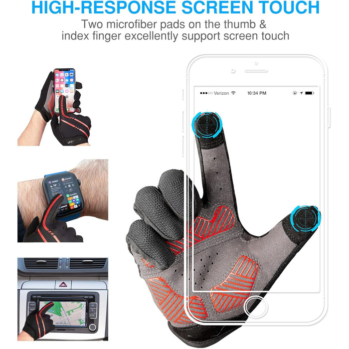 Велосипедні рукавички Vofinger – посилені, дихаючі, для чоловіків/жінок, з підтримкою сенсорного екрану та антиковзанням, для їзди, походів, катання (червоні, XL)