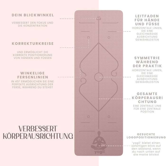 Йога-килимок Yogii 6 мм, протиковзкий TPE килимок для йоги, пілатесу та фітнесу з лініями розмітки, Nude / Старорожевий