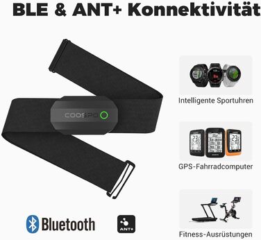 Пульсометр COOSPO H808S з нагрудним ременем ANT+/Bluetooth, HRM Premium, водонепроникний (IP67), сумісний з Polar, Wahoo, Garmin, Zwift, Strava