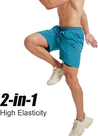 Чоловічі спортивні шорти для бігу 2-в-1, швидка сушка, короткі шорти для бігу, гімнастики, активного відпочинку, марафону, тренувань з кишенею на блискавці (S, Павіно-блакитний)