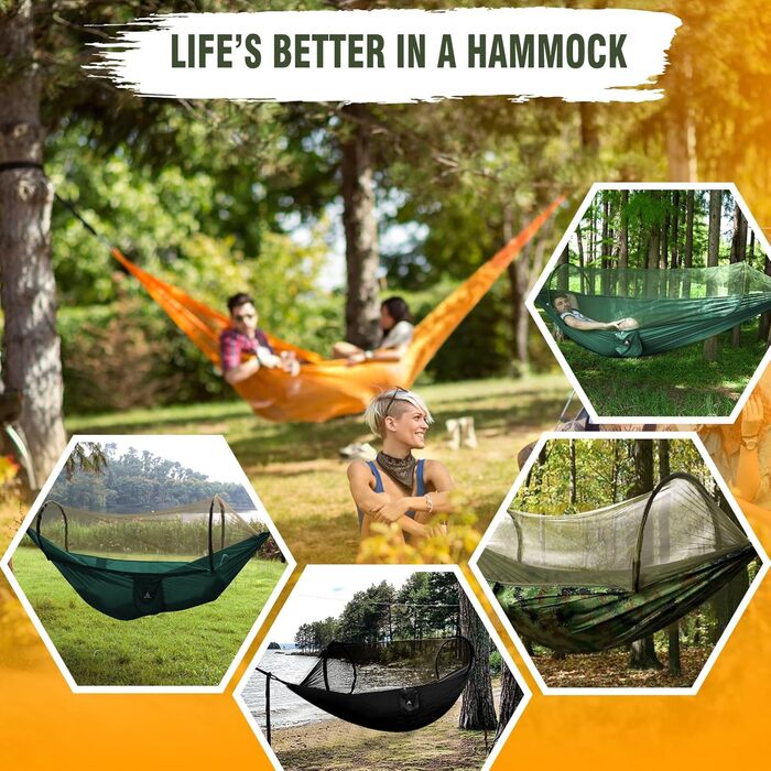 Гамак для кемпінгу NATUREFUN з москітною сіткою | Легкий, міцний (300 кг), дихаючий, швидковисихаючий, з карабінами та шнурами, армійний зелений