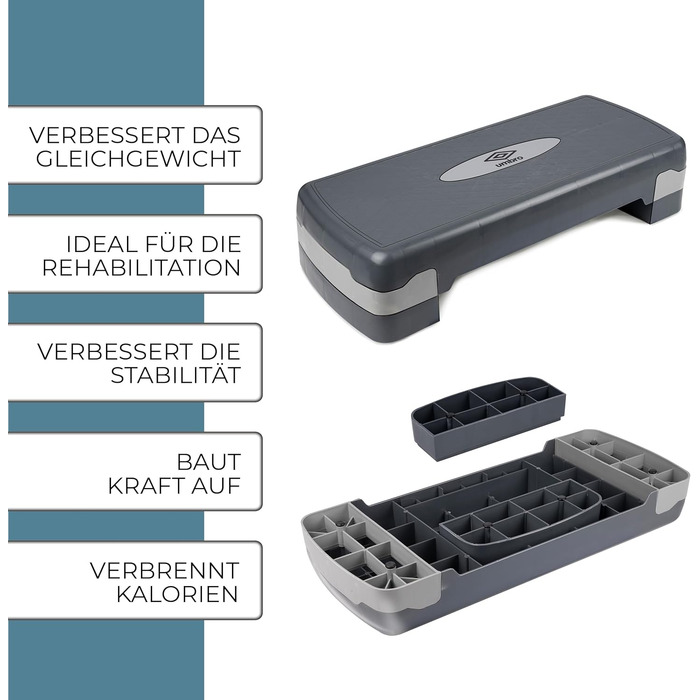 Степпер Umbro Aerobic з регулюванням висоти 10-15 см - степпер для дому, Stairmaster для будь-якого віку, чорний/сірий