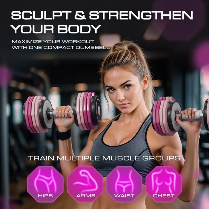 Регульовані гантелі OVEL 4YFIT 5-в-1 (2-10 кг), швидке налаштування ваги, металевий антиковзний руків'я, компактний дизайн з рожевими градієнтами, ідеально для жінок
