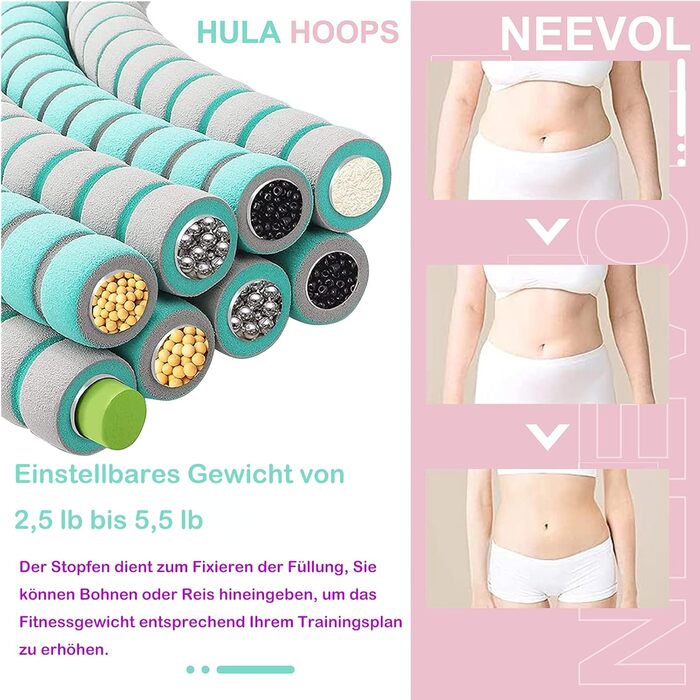 Hula Hoop NEEVOL для дорослих: фітнес, 1 кг, регульована вага, 8 вузлів (зелений)