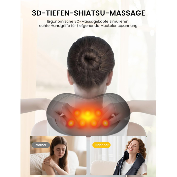 Масажер для шиї RIKE Shiatsu з підігрівом – 3D масажер для шиї, плечей та спини, з адаптерами для мережі та авто, глибокий масаж, подарунок на Різдво (сучасний)
