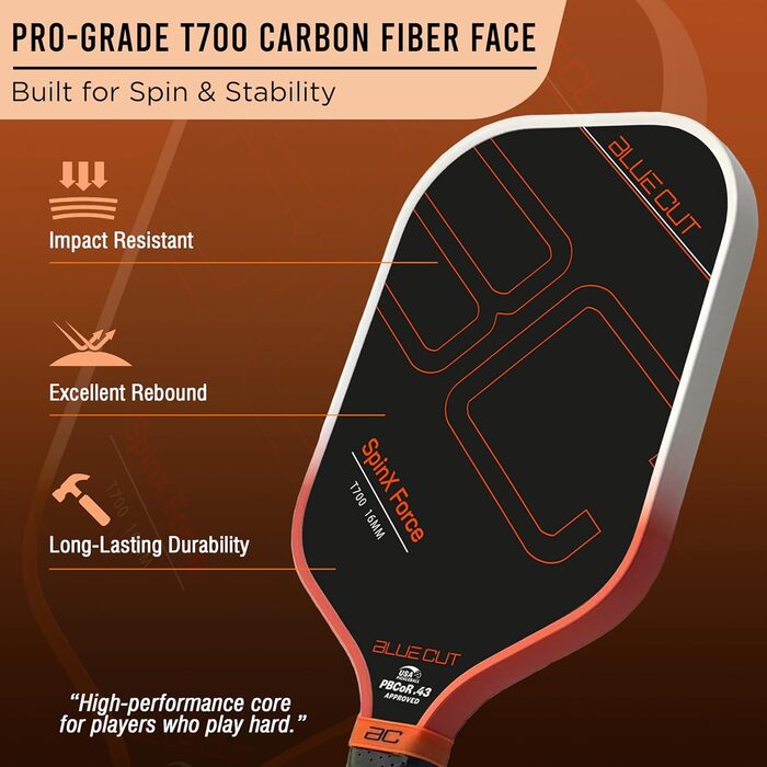 Падл для піклболу Blue Cut з вуглецевим волокном T700, 16 мм комірчаста структура, поверхня для обертання, Pro Power Speed & Control, сертифікований USAPA, з сумкою Orange/Sunset Chevron