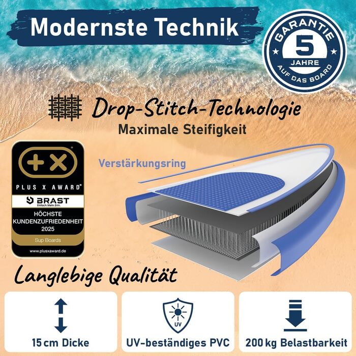 SUP дошка BRAST Turtle надувна з веслом, 320x81x15 см, бірюзова - комплект для Stand Up Paddleboarding (SUP) з 5-річною гарантією