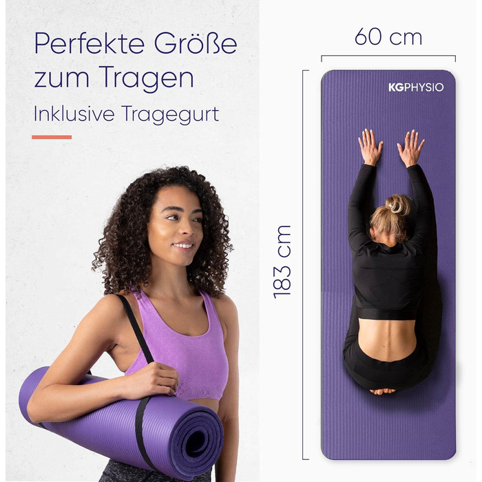 Йога-мат KG Physio 8 мм, нековзкий, з ременем, фітнес-мат, гімнастичний мат, 183x60 см, ліловий