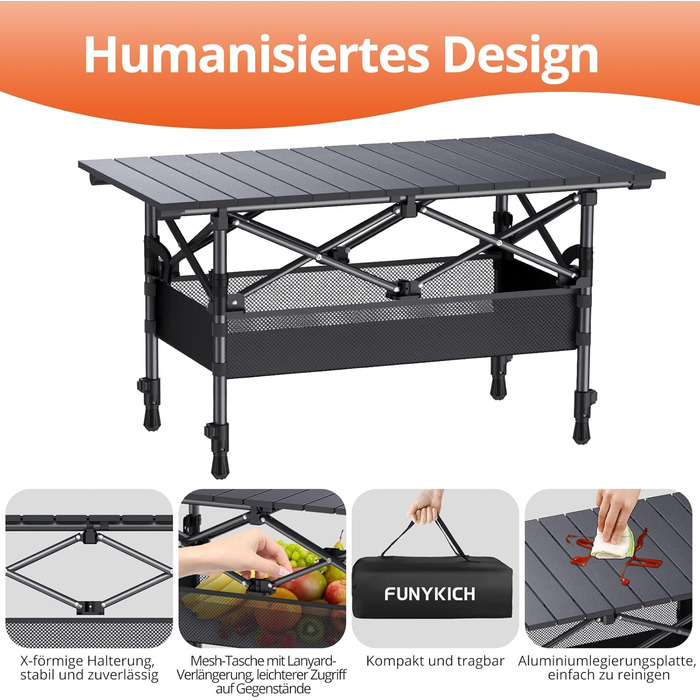 Складаний туристичний стіл Funyich 82x40 см з регулюванням висоти (44/70 см), з сітчастою кишенькою, для кемпінгу, пікніка, BBQ, саду